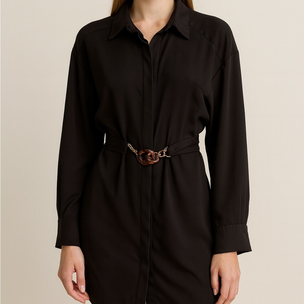 Zara Black Long-Sleeve Shirt Dress with Tortoiseshell Buckle
